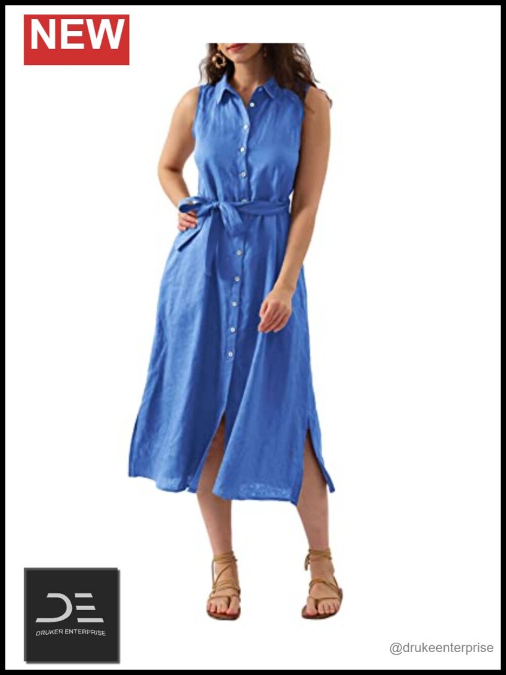 Pure Linen Sleeveless Button Down Midi Dress Belted Relaxed Fit Summer